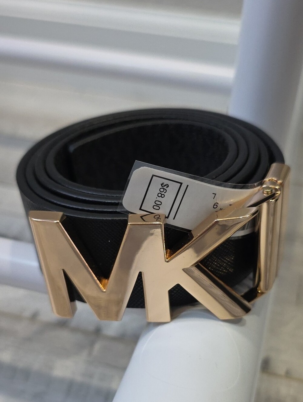 Michael Kors Black Reversible Belt with Rose Gold MK Buckle Size L